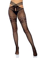 Sexy pantyhose, small fishnet, open crotch, lace details, crossing straps